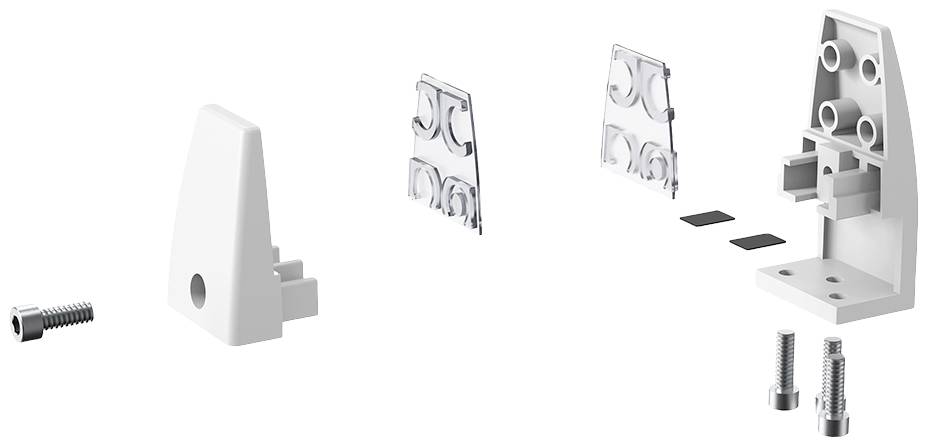 Exploded diagram of a connector with screws and individual components. Shows how the components are fitted together.