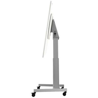 A height-adjustable, mobile screen stand shown from the side, with a sturdy metal frame mounted on castors.