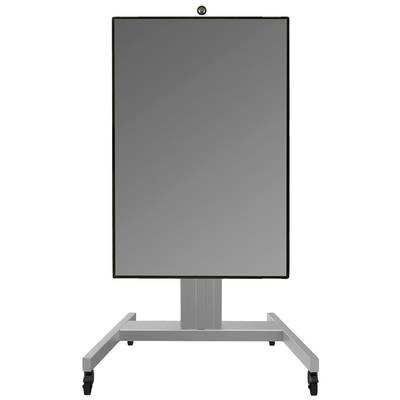 A grey, mobile whiteboard with a rectangular shape mounted on a sturdy stand with wheels, suitable for presentations or meetings.