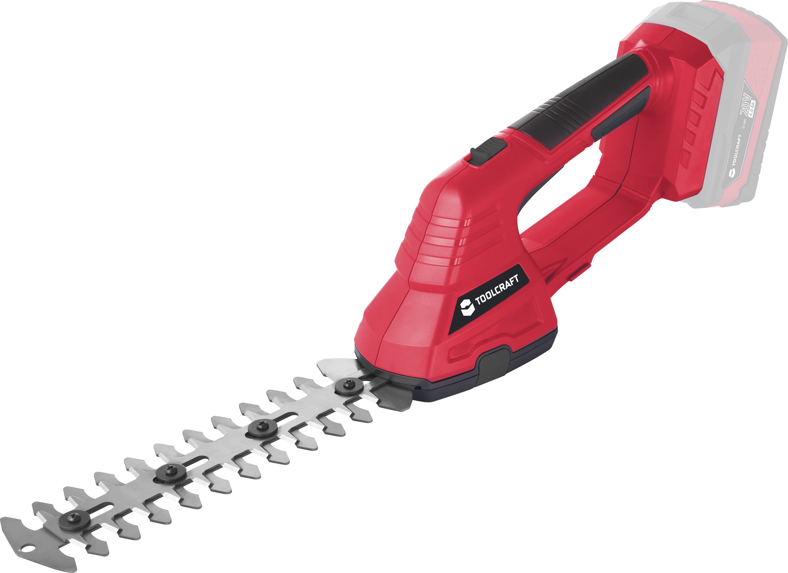 A red, cordless hedge trimmer with a black handle and silver blade. It is compact and suitable for garden trimming.