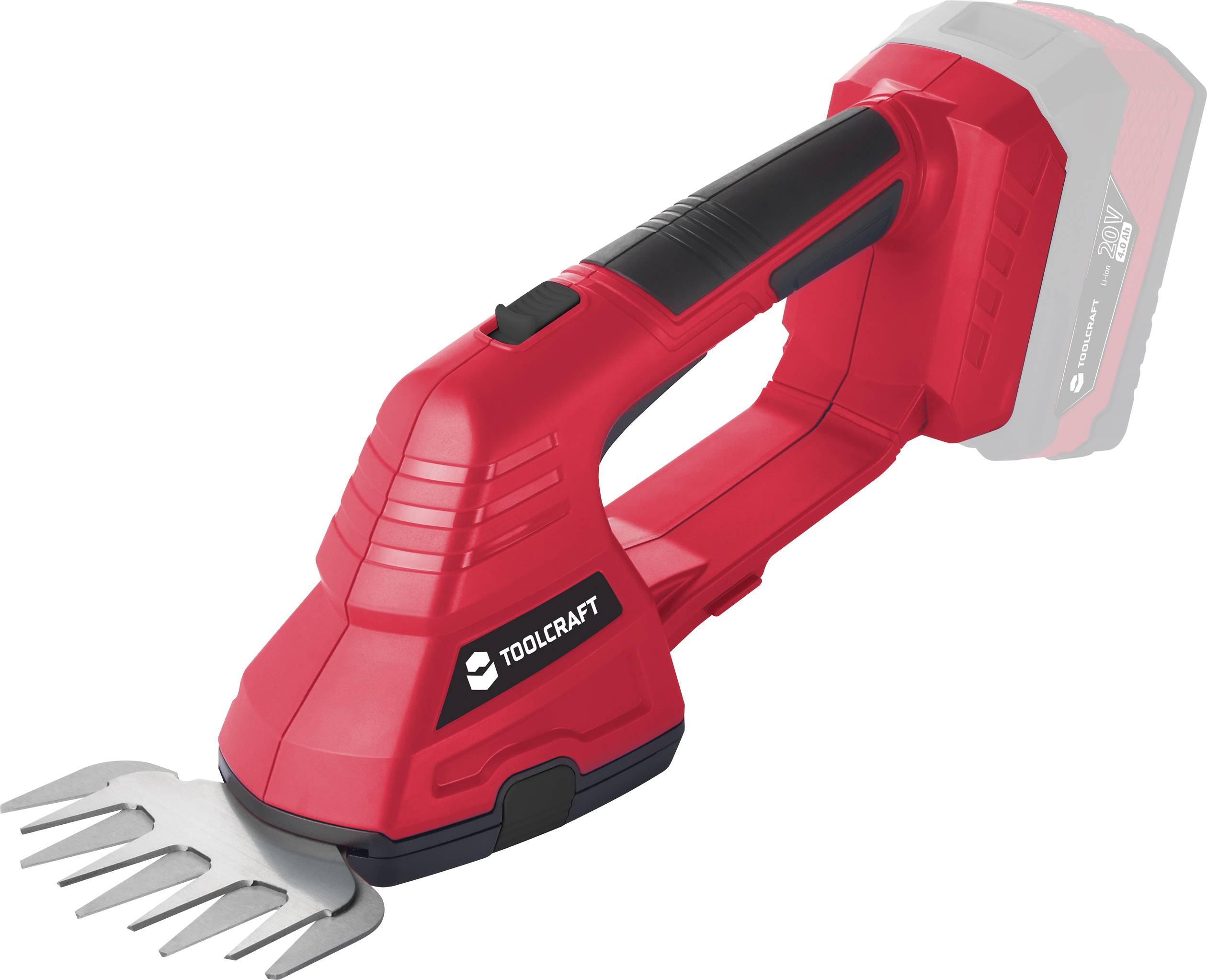 Red electric grass shears with a black handle, suitable for precision edging of lawns. Displays the 'Toolcraft' brand.