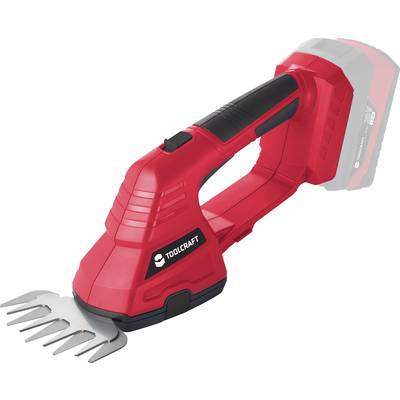 Red electric grass shears with a black handle, suitable for precision edging of lawns. Displays the 'Toolcraft' brand.
