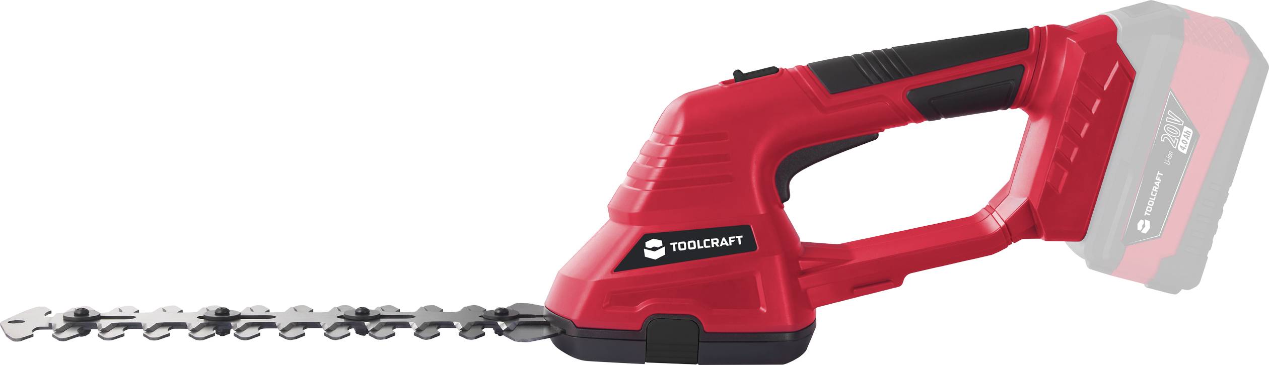 Red, cordless hedge trimmer with black blade and handle, TOOLCRAFT brand. Shown in profile, with visible battery compartment.