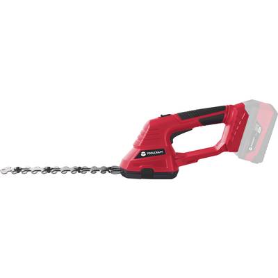 Red, cordless hedge trimmer with black blade and handle, TOOLCRAFT brand. Shown in profile, with visible battery compartment.