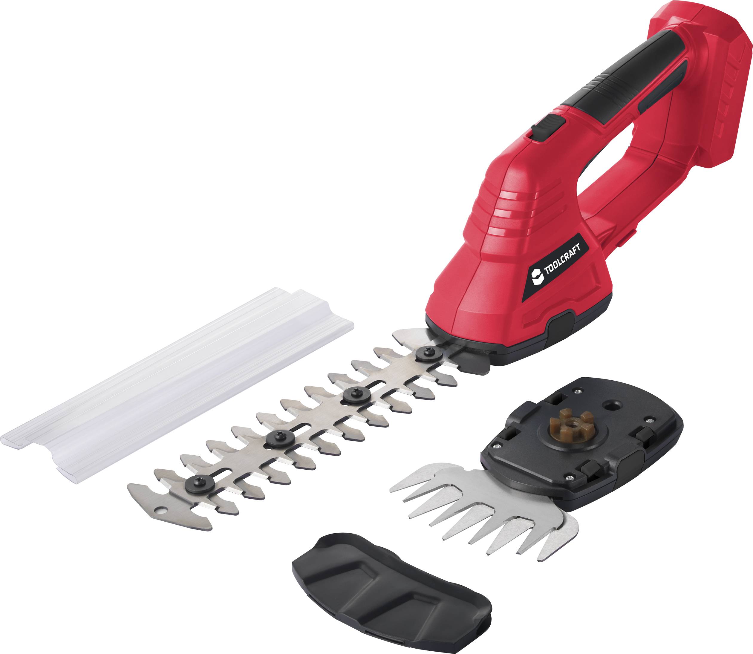 Red electric hedge trimmer with blade and removable guard, suitable for garden maintenance and precise cutting.