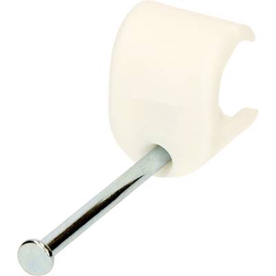 A white cable clip with a metal nail, used for securing cables or wires to walls or floors.