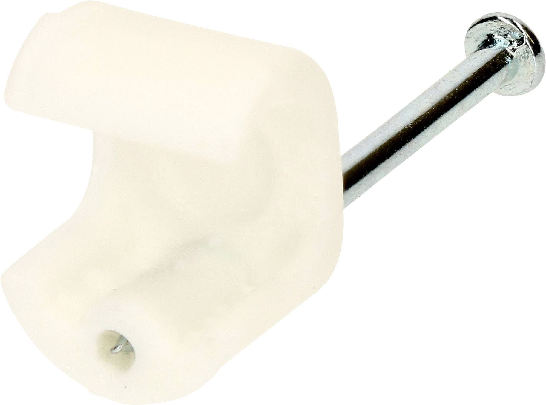 A white plastic cable clip with a silver nail, used for securing cables to walls or other surfaces.
