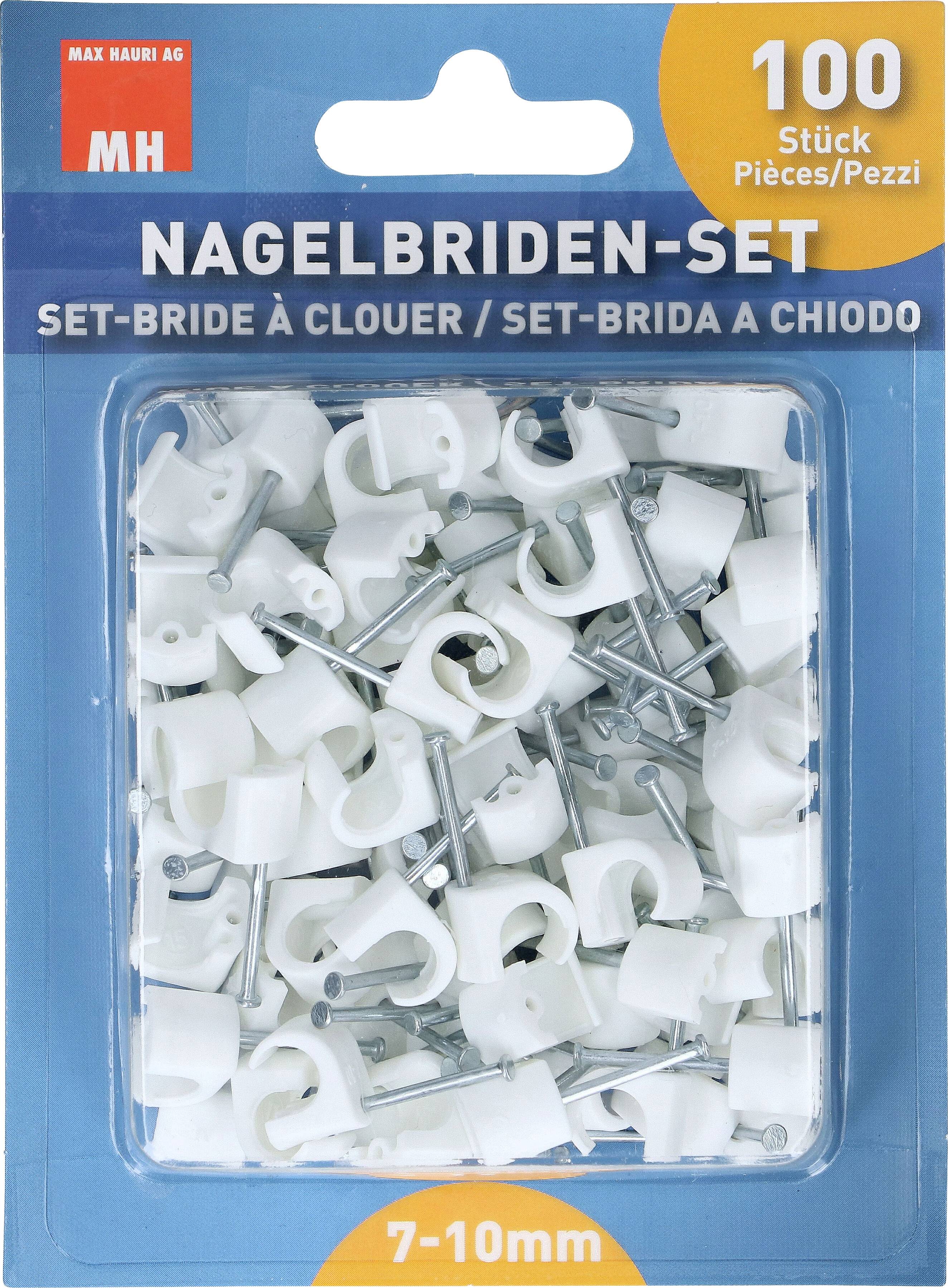 Pack of 100 white cable clips and nails, suitable for cables with 7-10 mm diameter. Brand name top left.