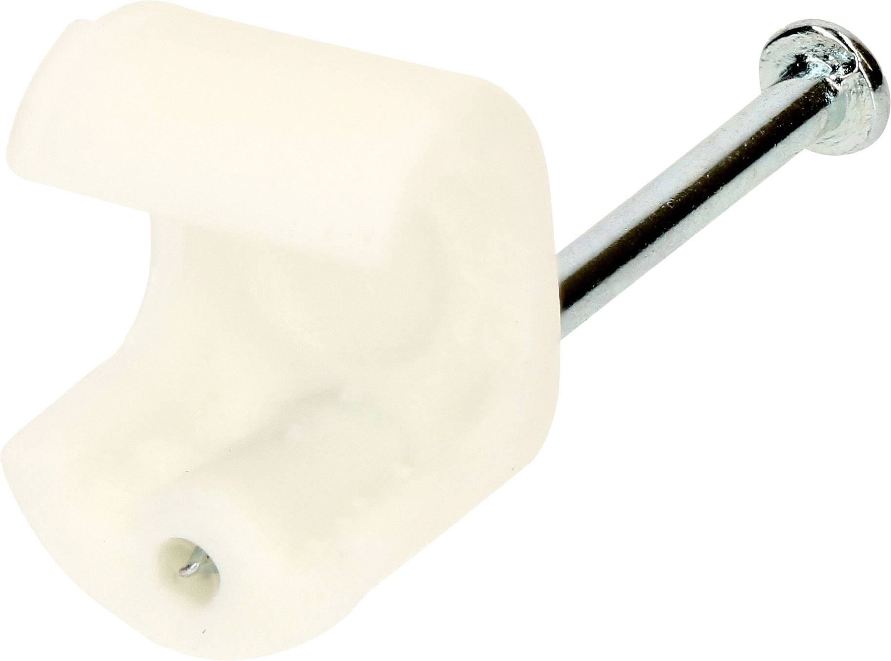 White plastic cable clip with a metallic nail for securing cables to a surface.