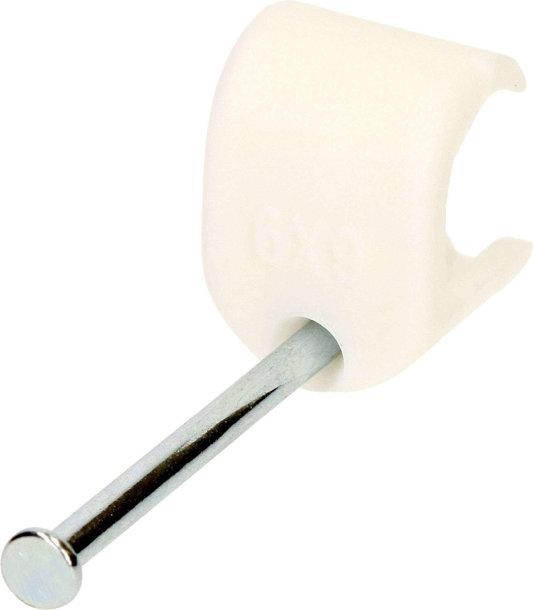 Cable clip with nail, white, for securing cables to walls, holds cables firmly in place.
