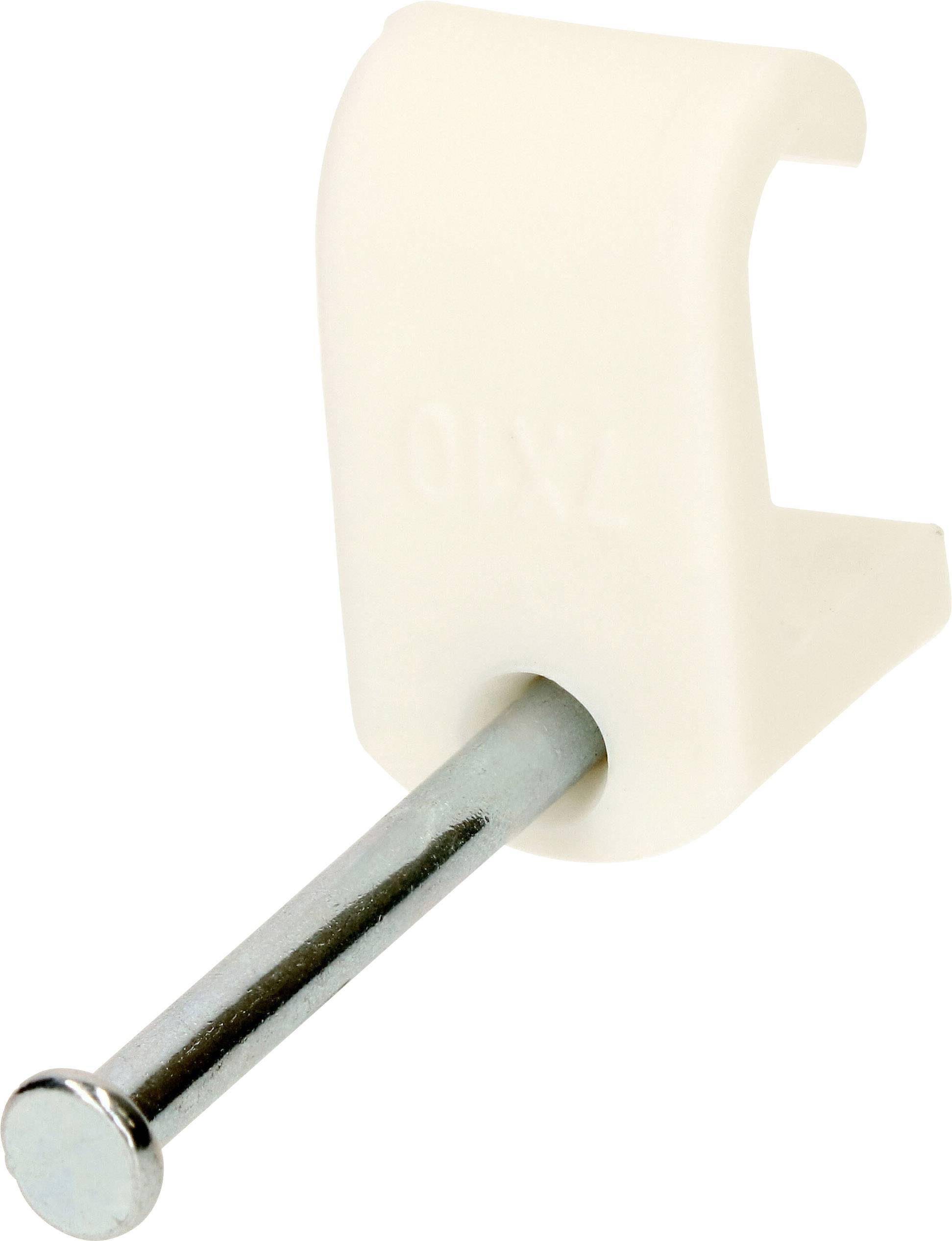 A white cable clip with a steel pin for securing cables to walls or surfaces.<br><br>Note: The translation is already very close to British English, so minimal changes were needed. The terminology and phrasing are appropriate for British English usage.