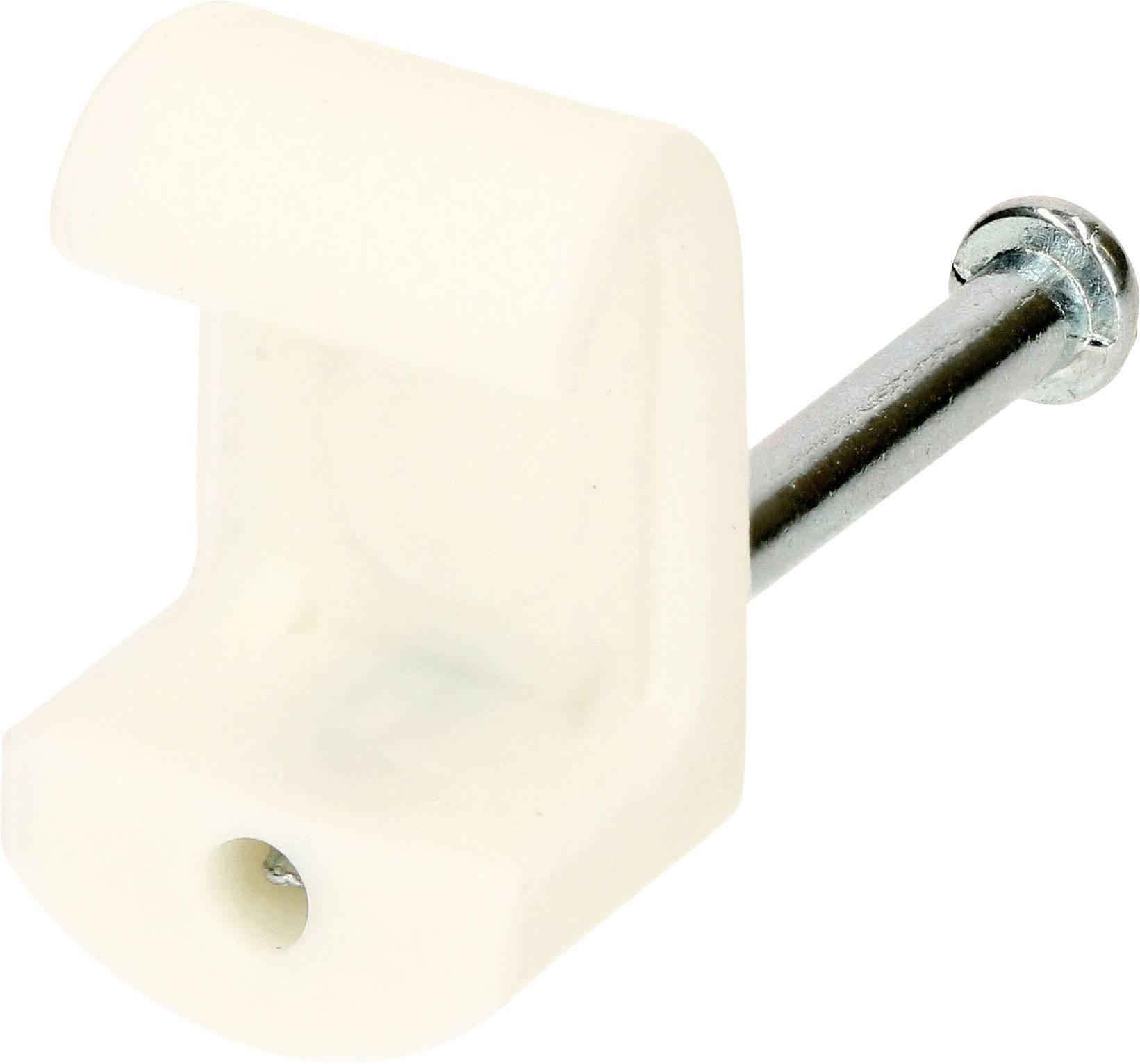A white cable clip with a nail, used for securing cables to surfaces.