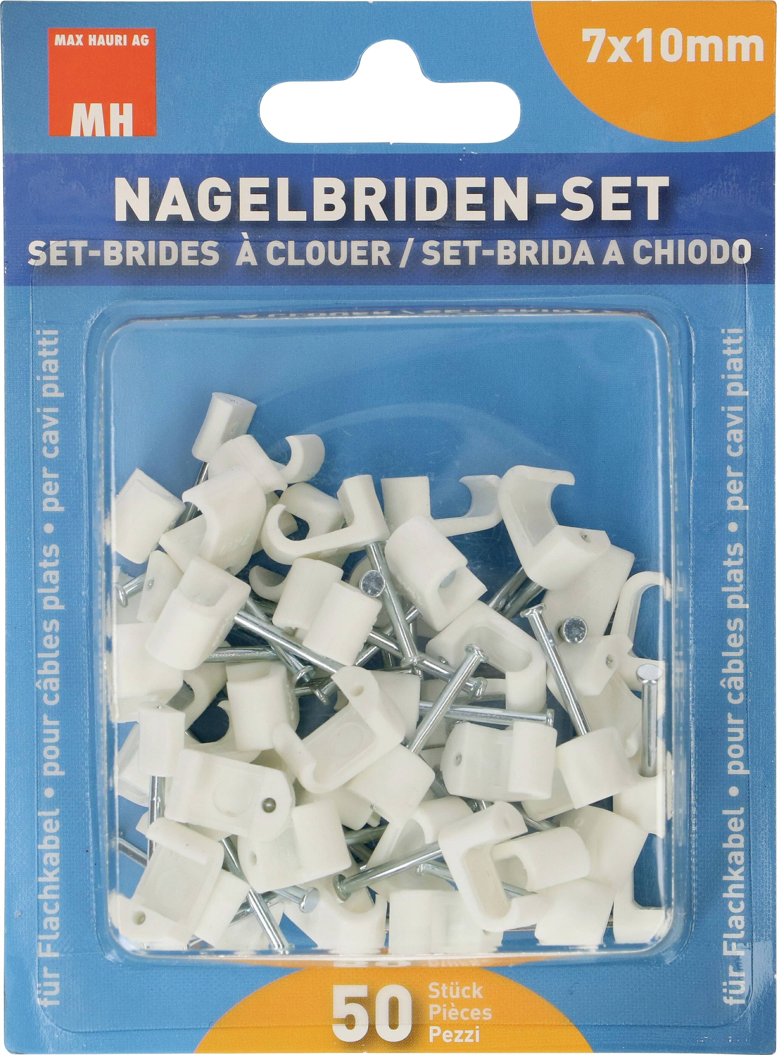 'Cable Clip Set' of 50 pieces, size 7x10 mm, for securing cables to flat cables. Packaging shows an image of white cable clips with nails.
