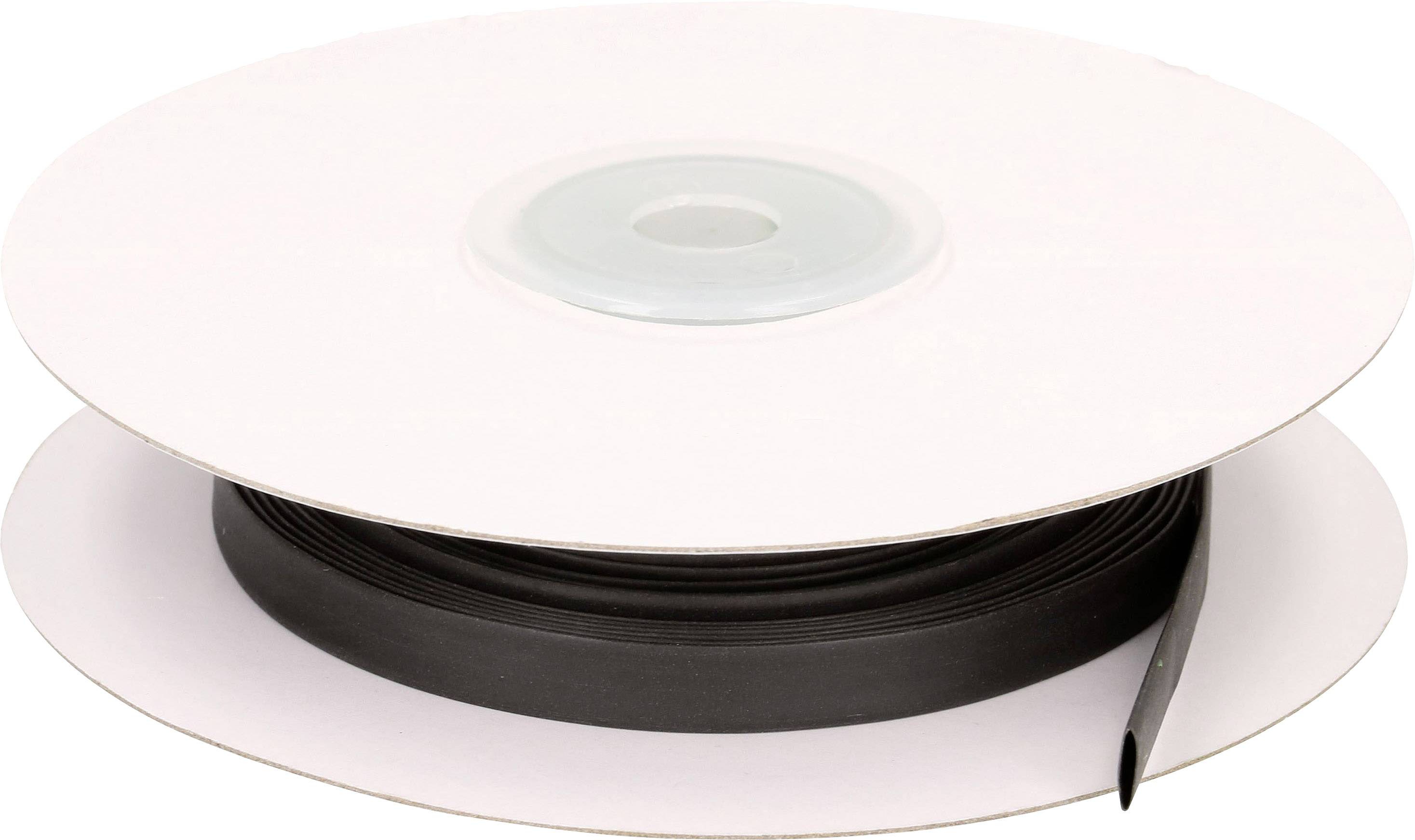 A large, white reel with dark tape pulled out for use.