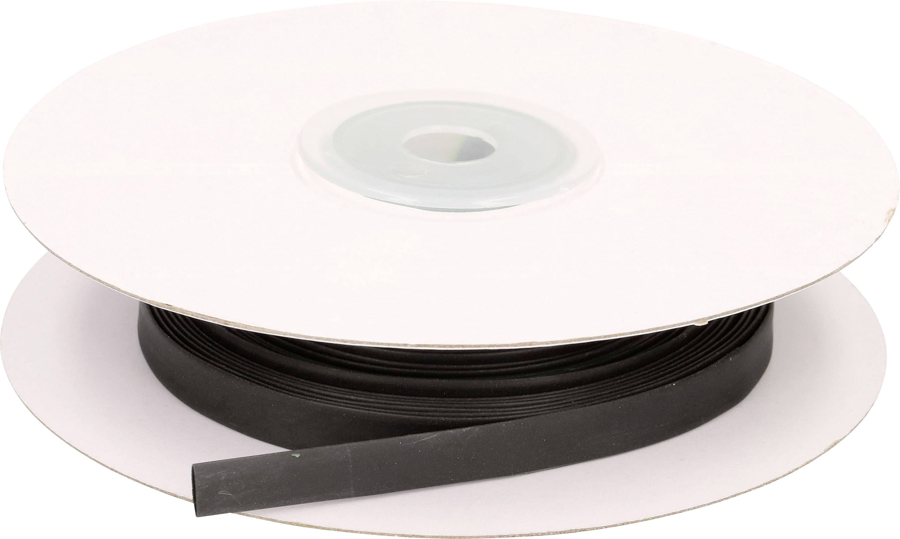 Black plastic tape on a white roll, suitable for packaging or craft purposes.