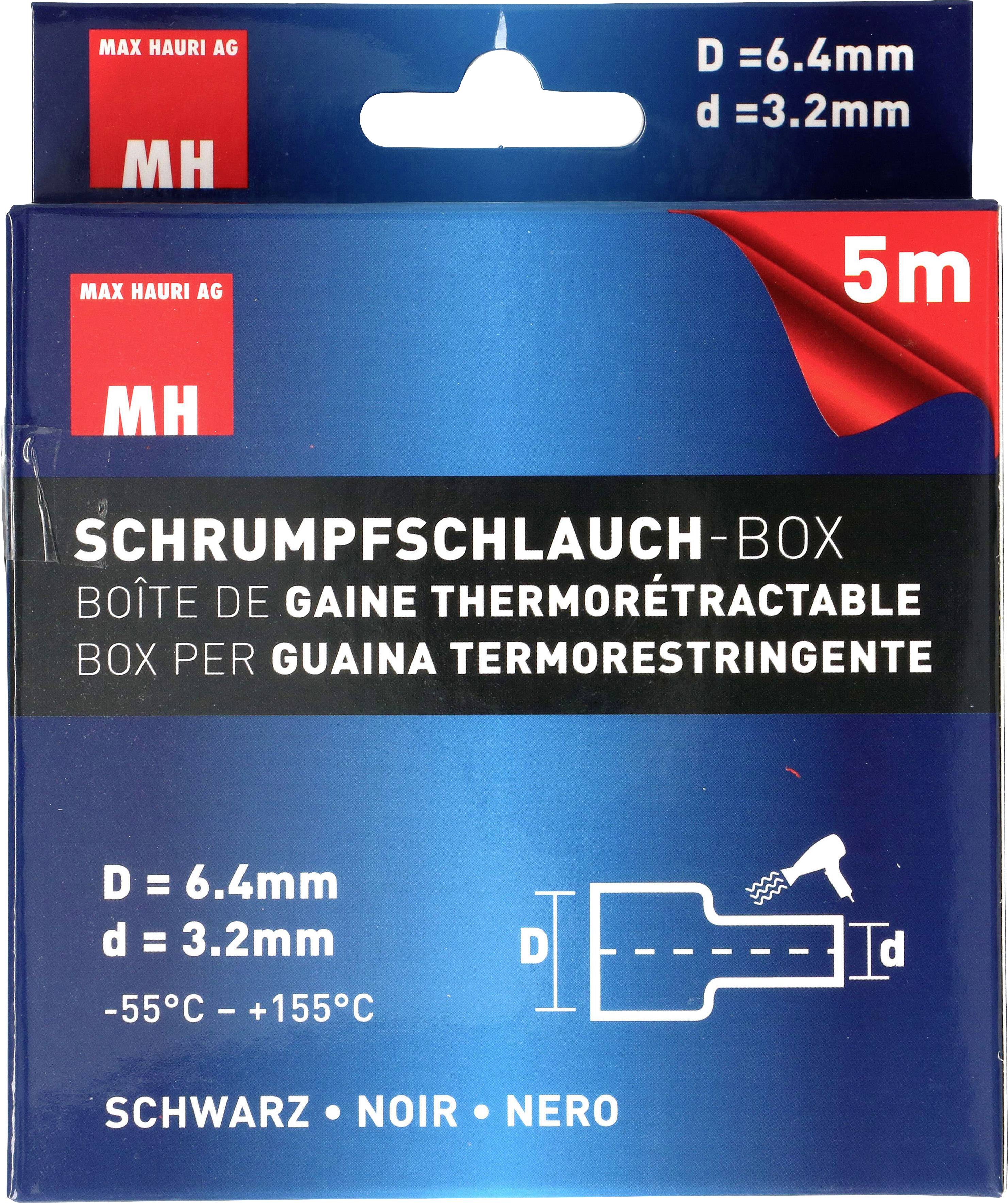 Heat Shrink Tube Box in Blue and Red, showing dimensions: D = 6.4 mm, d = 3.2 mm, length 5 m, temperature range -55°C to 155°C.