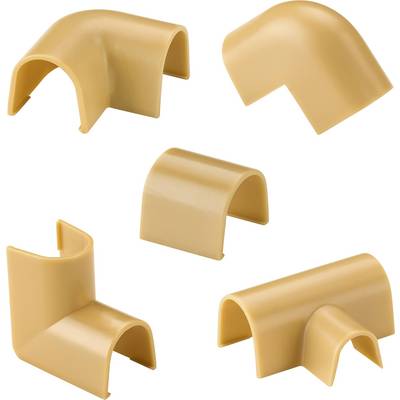 Five beige plastic elbow pipes in various angles and shapes, arranged on a white background.