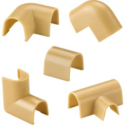 Five brown PVC cable trunking connectors in various angular shapes, for use in electrical installations and cable management.
