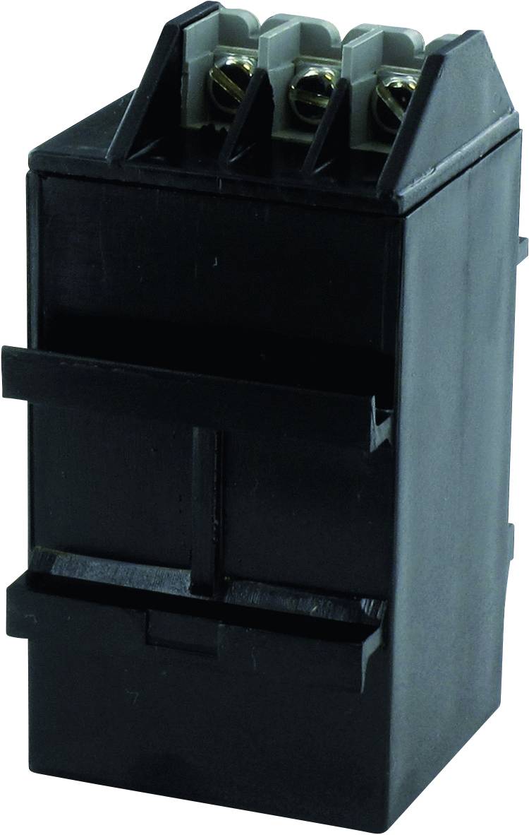 A black, rectangular three-pin electrical plug.