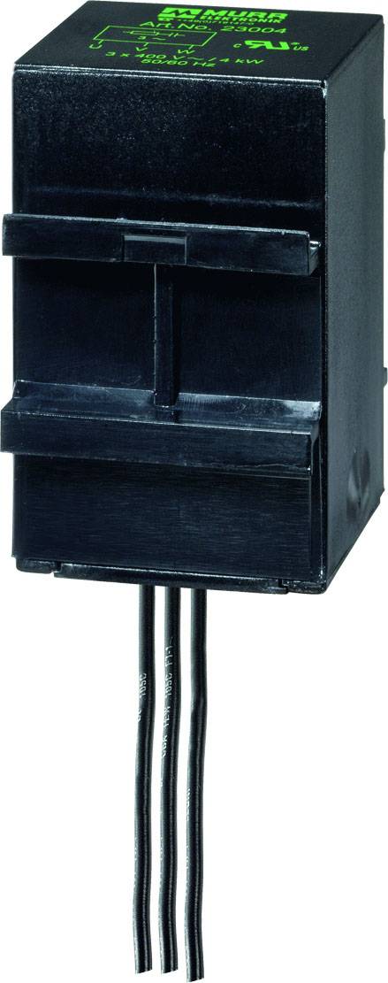 A black, rectangular electronic component with three protruding cables, possibly a transformer or relay.
