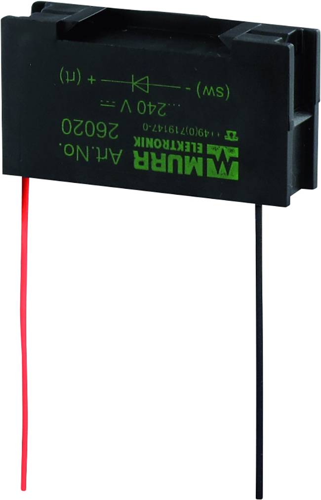 A rectangular electronic component with a black casing, two protruding cables, red and black labelling with technical specifications.