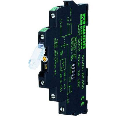 A black electronic timer module from Murrelektronik with green labelling, model number 52530, with input/output data readable.