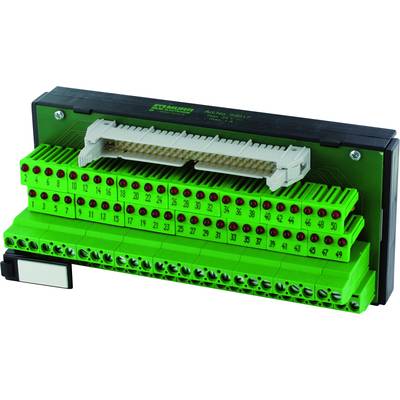 A green electronic adaptor with numbered ports and a white connector, potentially for industrial applications.