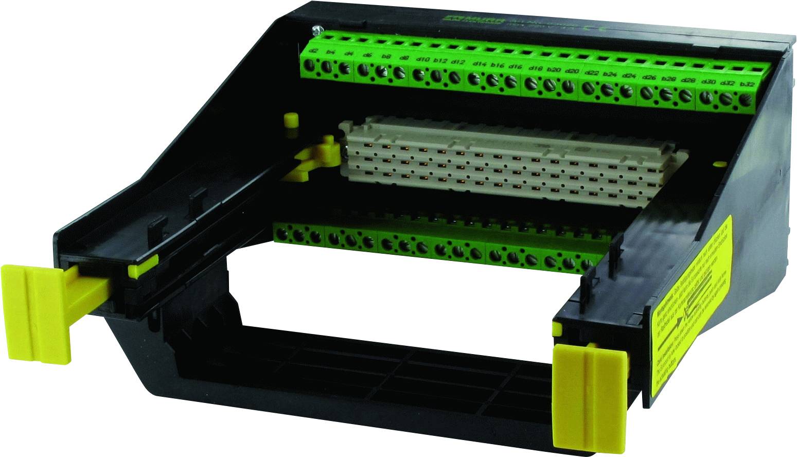 A black adapter with green connection terminals and yellow handles, likely used for electrical connection or mounting.