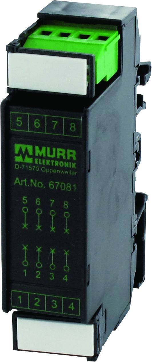 Electronic component by Murr Elektronik with green connector, Part No. 67081, used for distributing electrical signals.