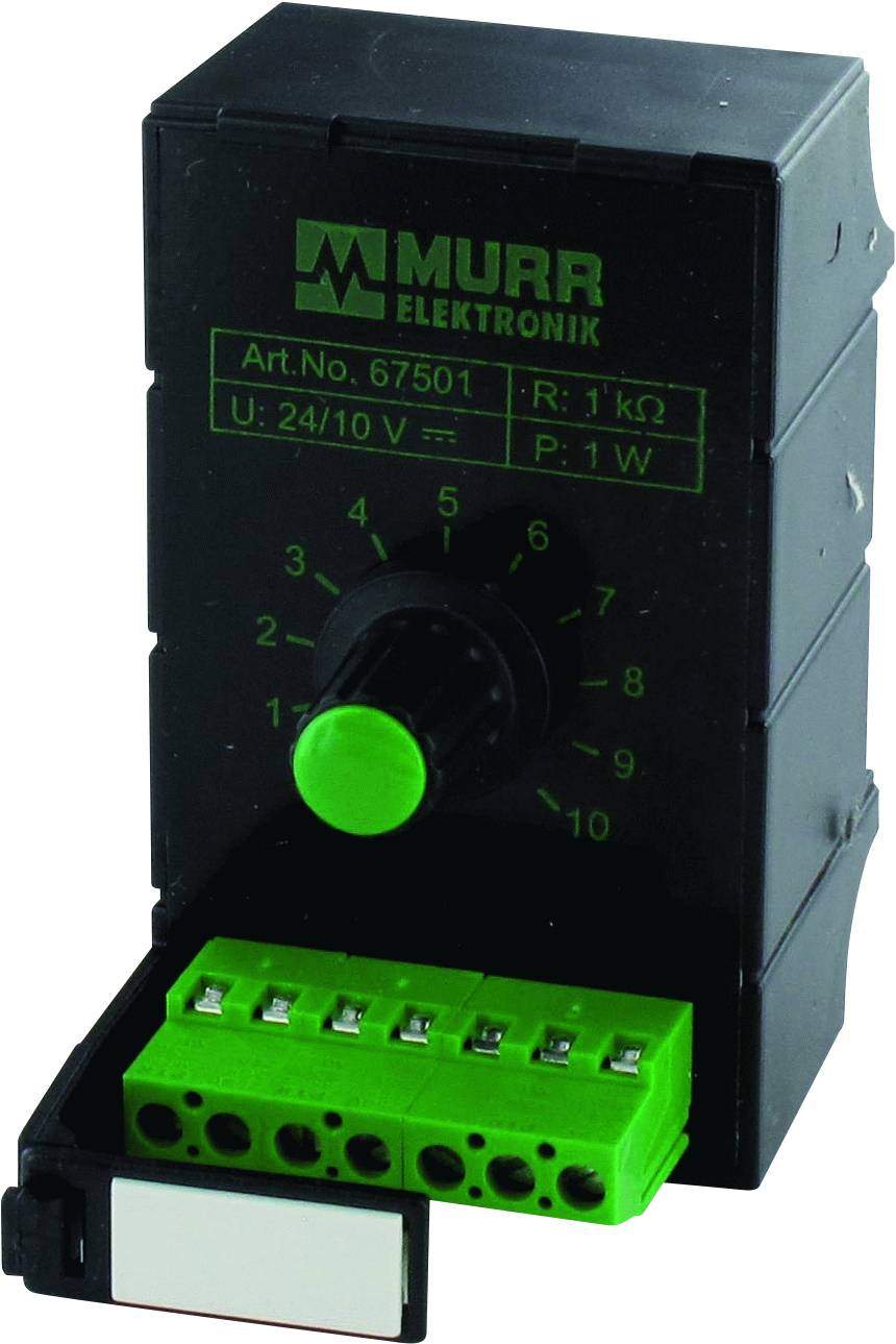 A black electrical resistor from Murr Elektronik, model number 67501. Has scales from 0 to 10 and green connectors.