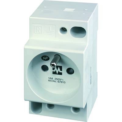 'White electric socket, 16A, 250V~ with earthing symbol and NF certification, item number 67910.'