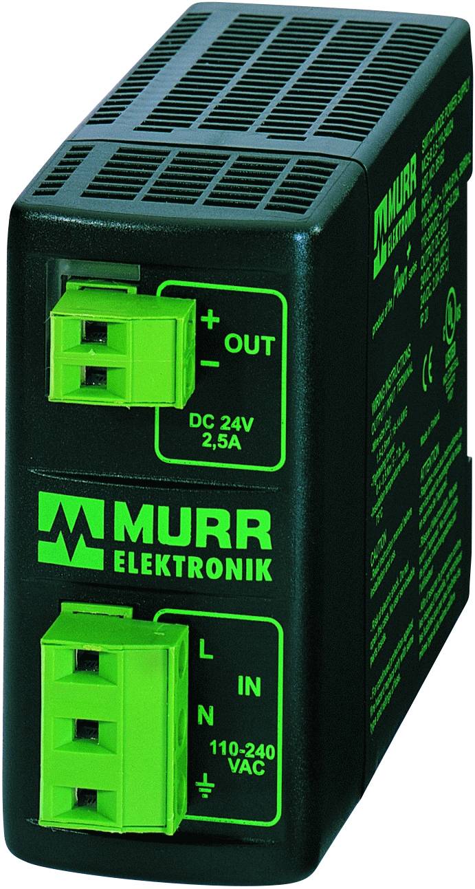 Power supply unit by Murr Elektronik, showing inputs and outputs: 'DC 24V, 2.5A', 'L', 'N', '110-240 VAC', black and green design.
