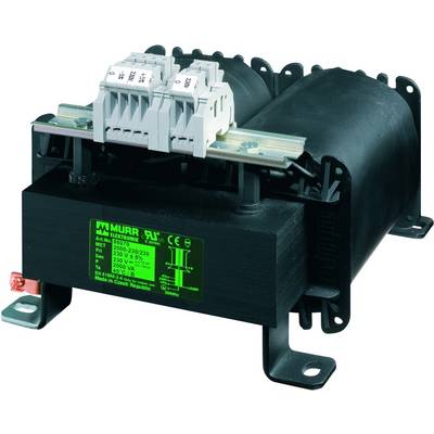 Black transformer with a plastic casing, grey terminals, and green labelling on the right side, mounted on metal brackets.
