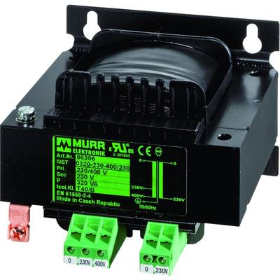 'Black electric transformer, model number 86306, from Murr Elektronik. Suitable for 230/400 V.'