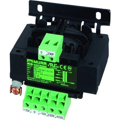 A MURR transformer with green connection terminals, technical details on black housing. Voltage outputs: 0-15V, 0-230V, 0-400V.