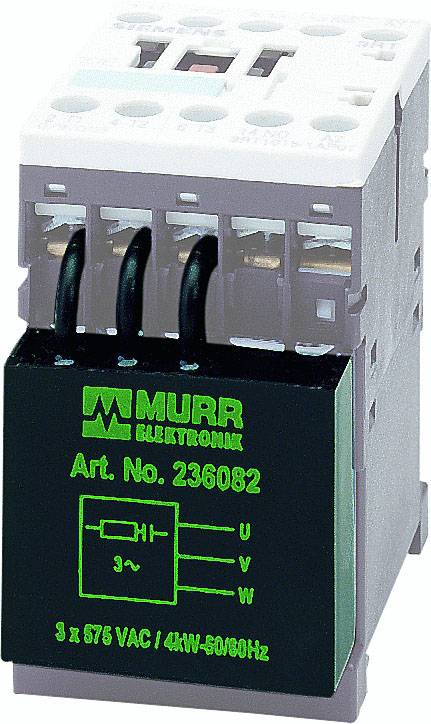 A Murr Elektronik electrical switch with article number 236082, showing connection diagram for three phases and 876 VAC.
