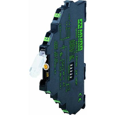 A black electronic time relay with the print 'Murr Elektronik'. It has multiple connection options and a green print.