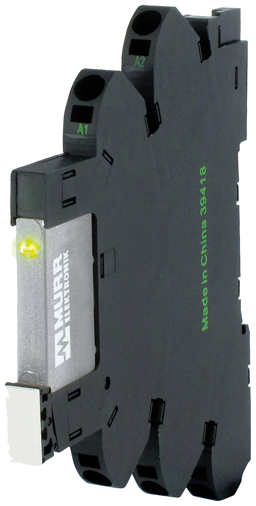 Narrow, rectangular electronic component with a Murrelektronik logo on the side and labelling 'Made in China 39418'.