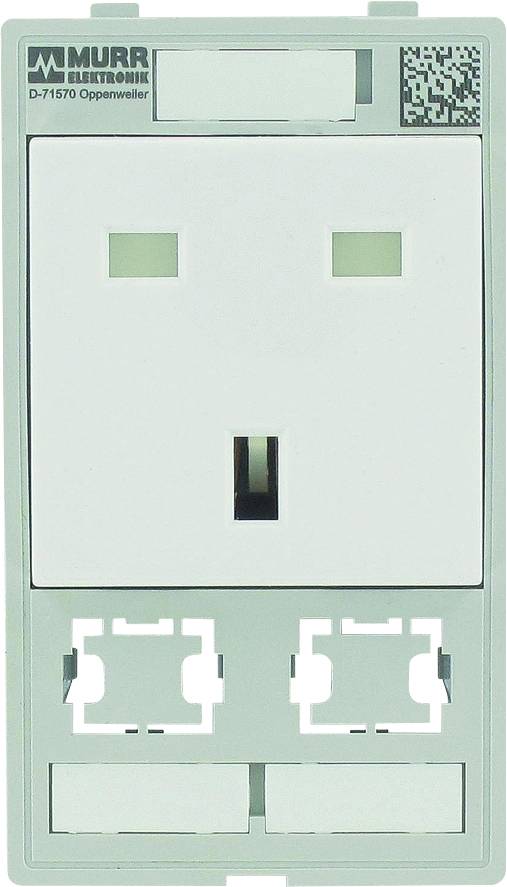 White socket by Murr Elektronik with three square openings at the top and two square openings at the bottom, QR code positioned in the top right corner.