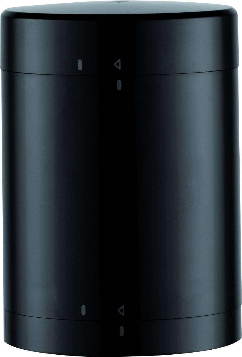 A cylindrical, black electronic device with a minimalist design, potentially a speaker or a connected device.