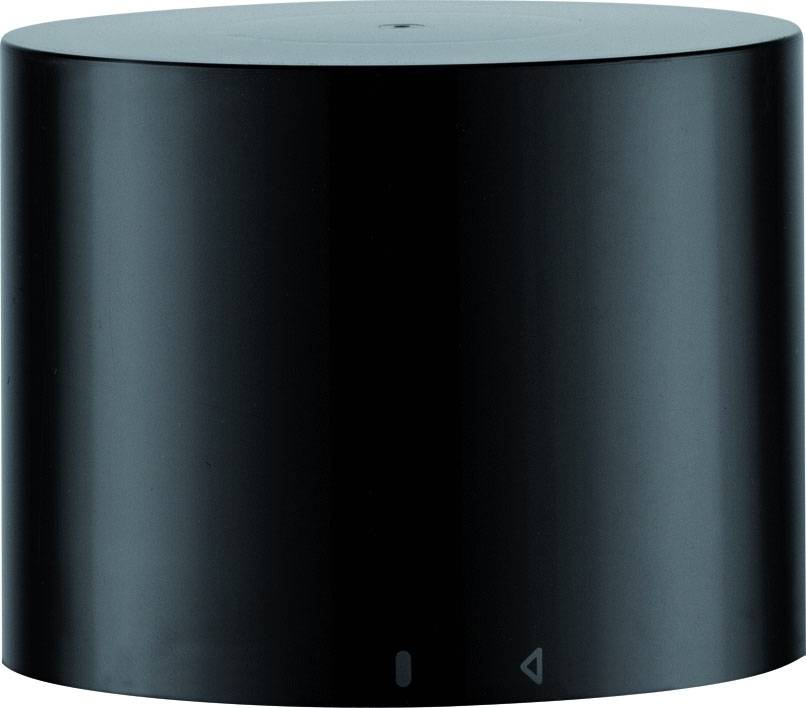 A slim, cylindrical black speaker with minimalist symbols on the front. Suitable for contemporary interior spaces.