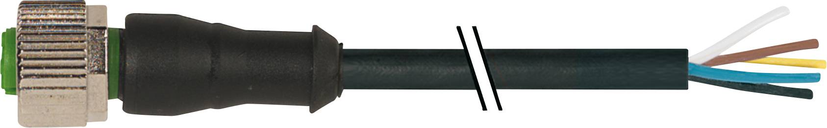 A cable with a metal plug and several exposed, coloured wires at one end is depicted.