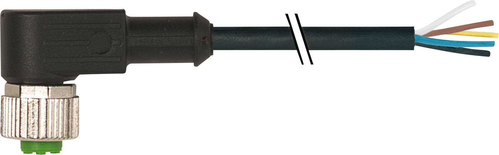 Black, angled connector with exposed conductors in various colours; suitable for wiring purposes.