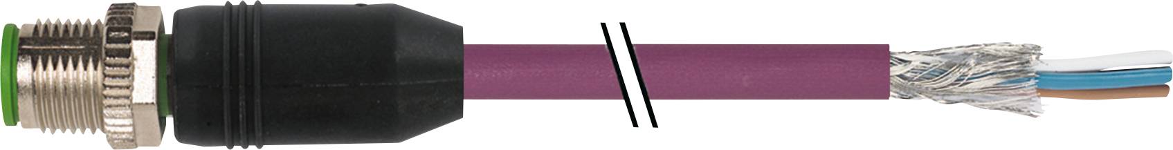 A electrical cable plug with a metallic thread and a purple cable. The cable ends are stripped, wires exposed.