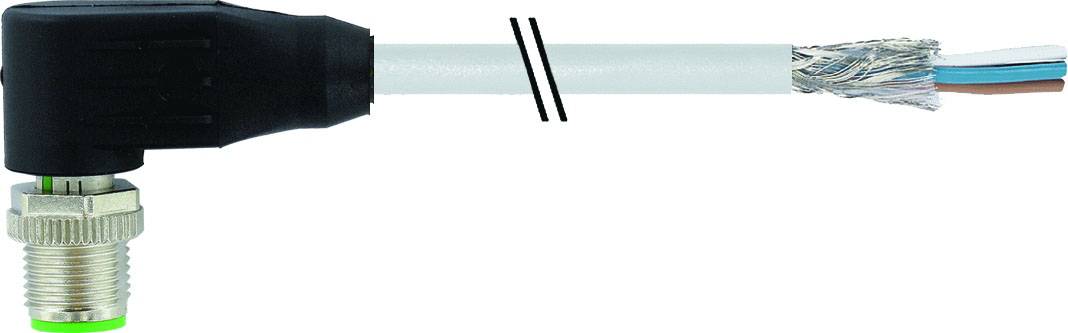 Black angled plug with cable, exposed wires at the end. Suitable for electrical connections in industrial applications.