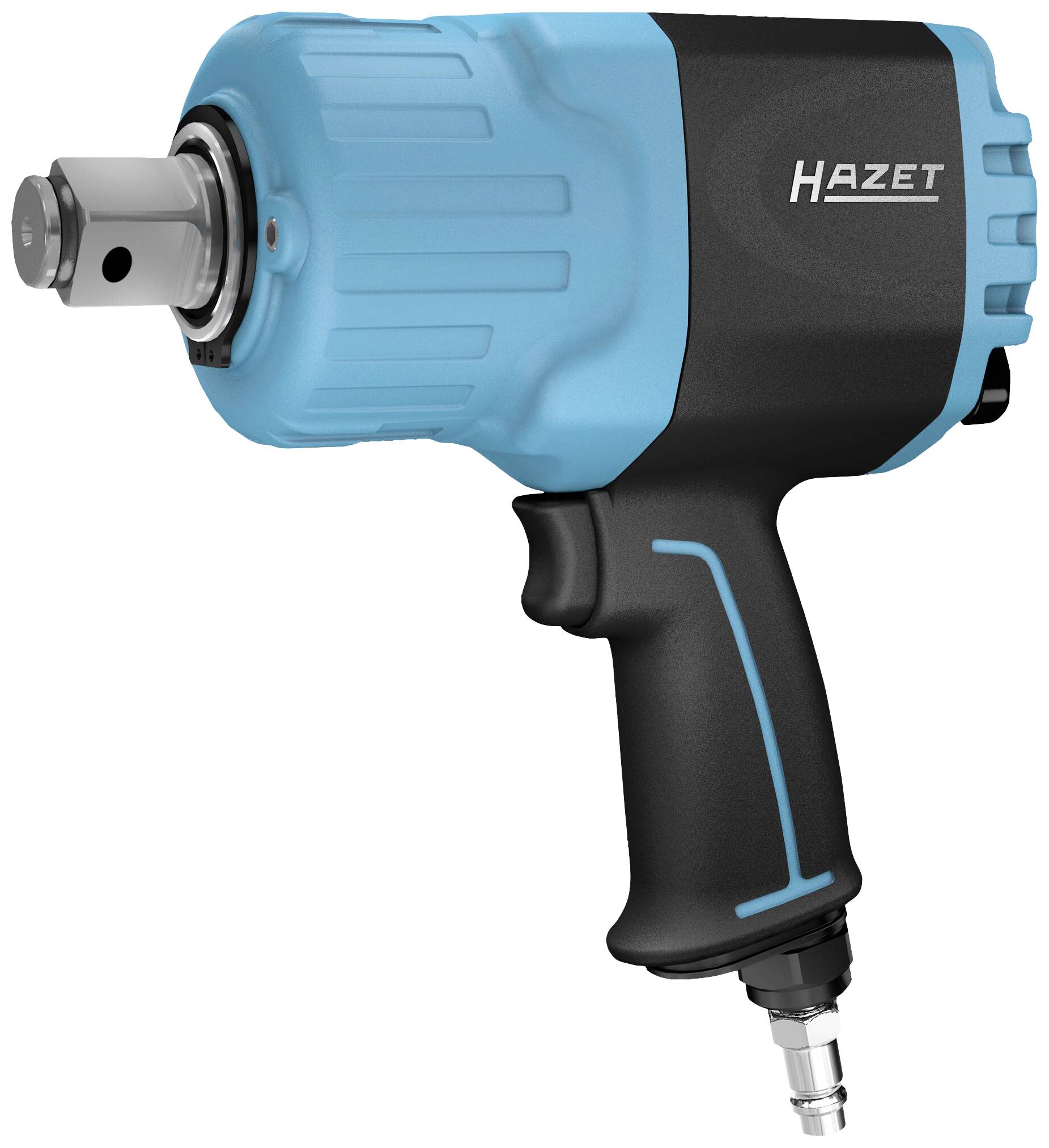 A blue and black pneumatic impact wrench with an ergonomic handle and metal connection, suitable for workshop applications.