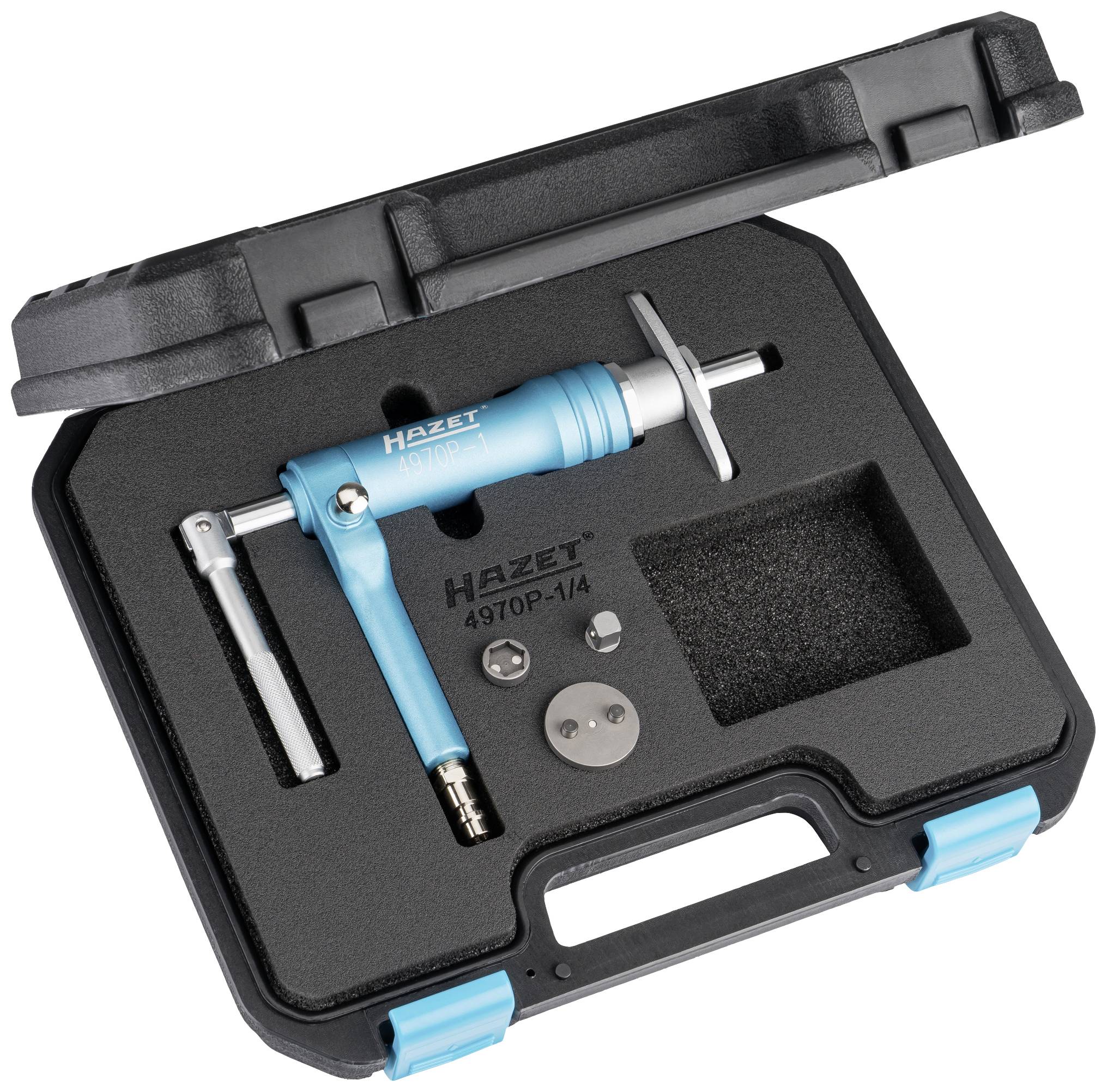 Toolset in a black case. Contains a blue Hazet torque calibration wrench, model 4970P. Foam inserts protect the components.