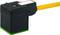 Black sensor with yellow cable, rectangular shape and green base. Primarily designed for industrial applications.