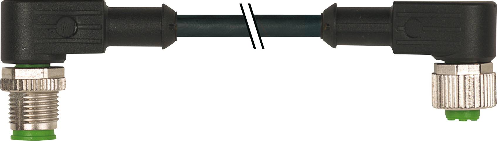 Black, rectangular cable with silver threads and green seals at both ends, shown at an angle.