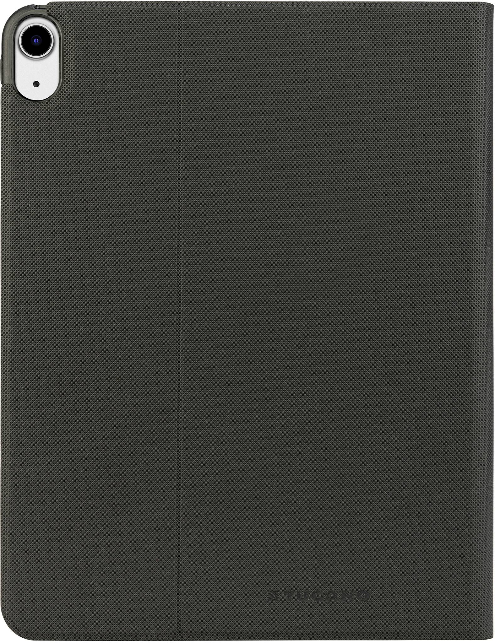 Black tablet case with camera cutout in the top left, 'Tucano' text centrally positioned at the bottom.